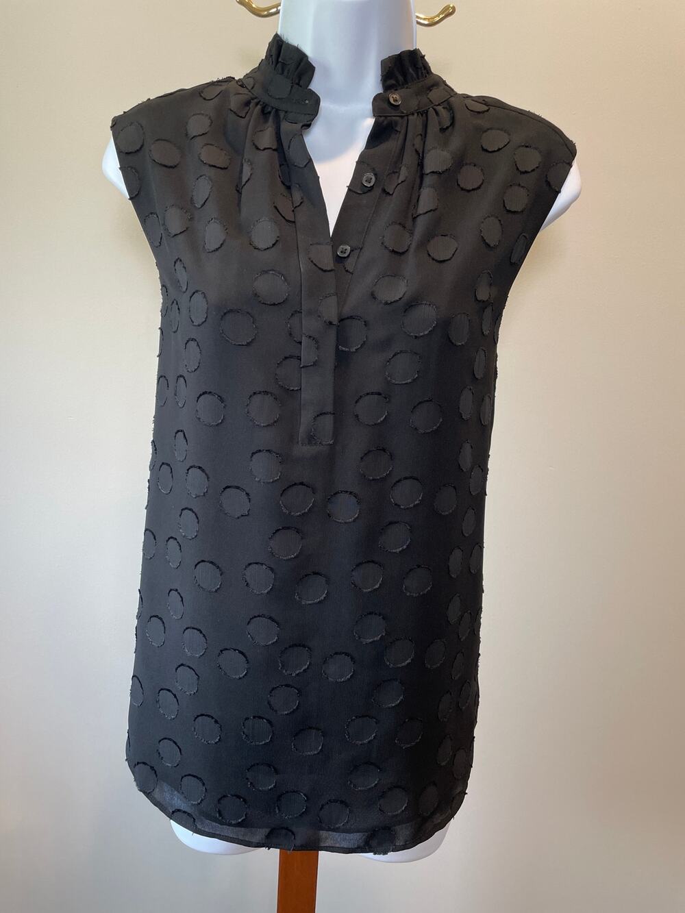 Ann Taylor Top Black Ruffle Neck Sleeveless Polka Dot Inlay Size XS